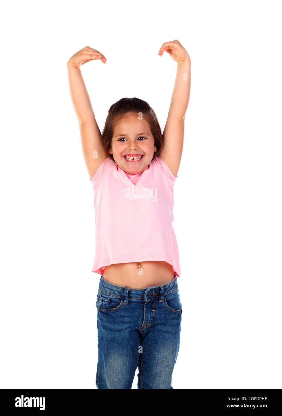 Happy girl raising her arms isolated on a white background Stock Photo