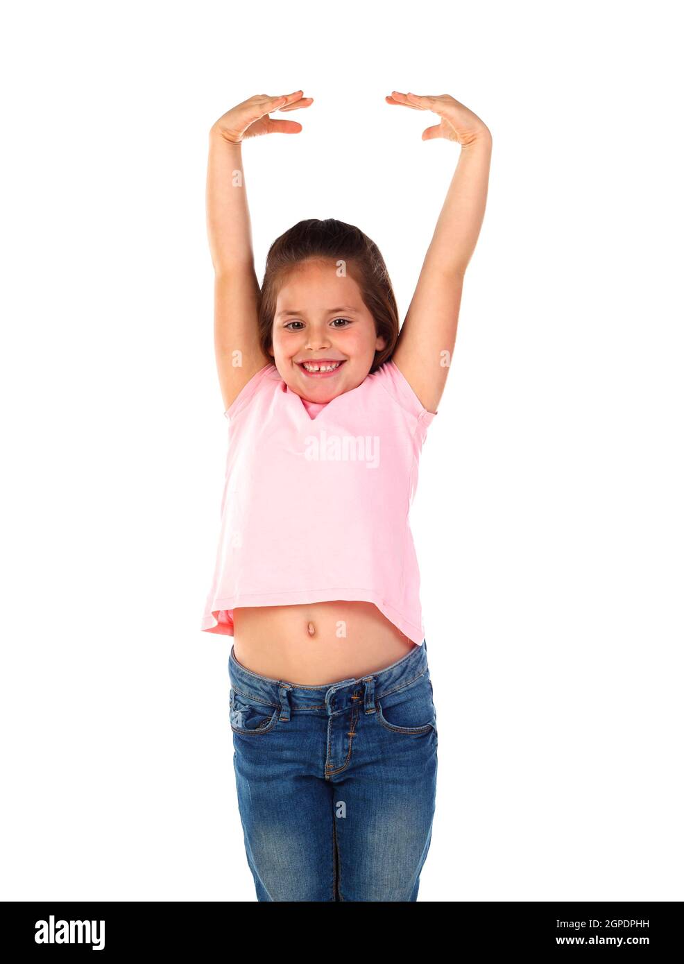 Happy girl raising her arms isolated on a white background Stock Photo ...
