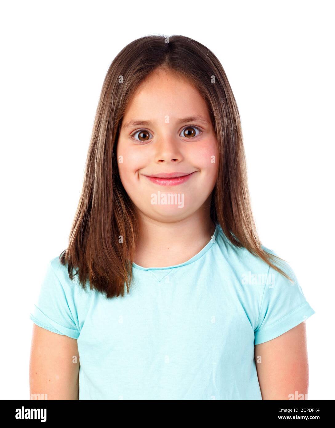 Happy small girl with straight hair isolated on a white background Stock Photo