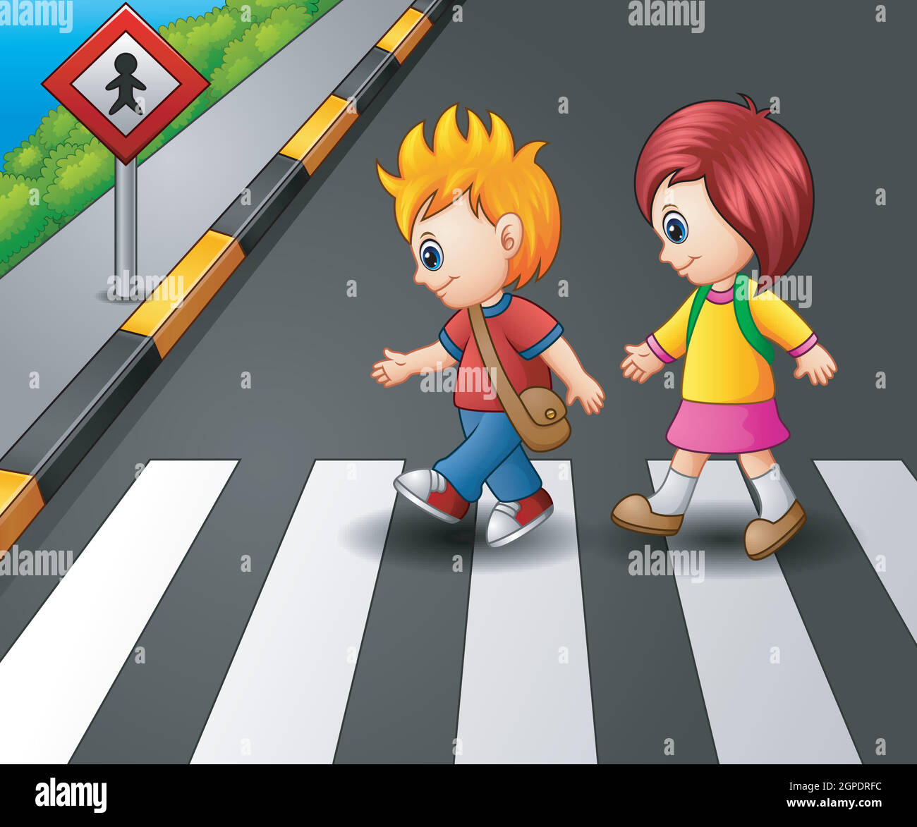 Children with traffic light and caution sign, road safety rules. Cartoon  school kid crossing street crosswalk. Pavement education vector set Stock  Vector Image & Art - Alamy
