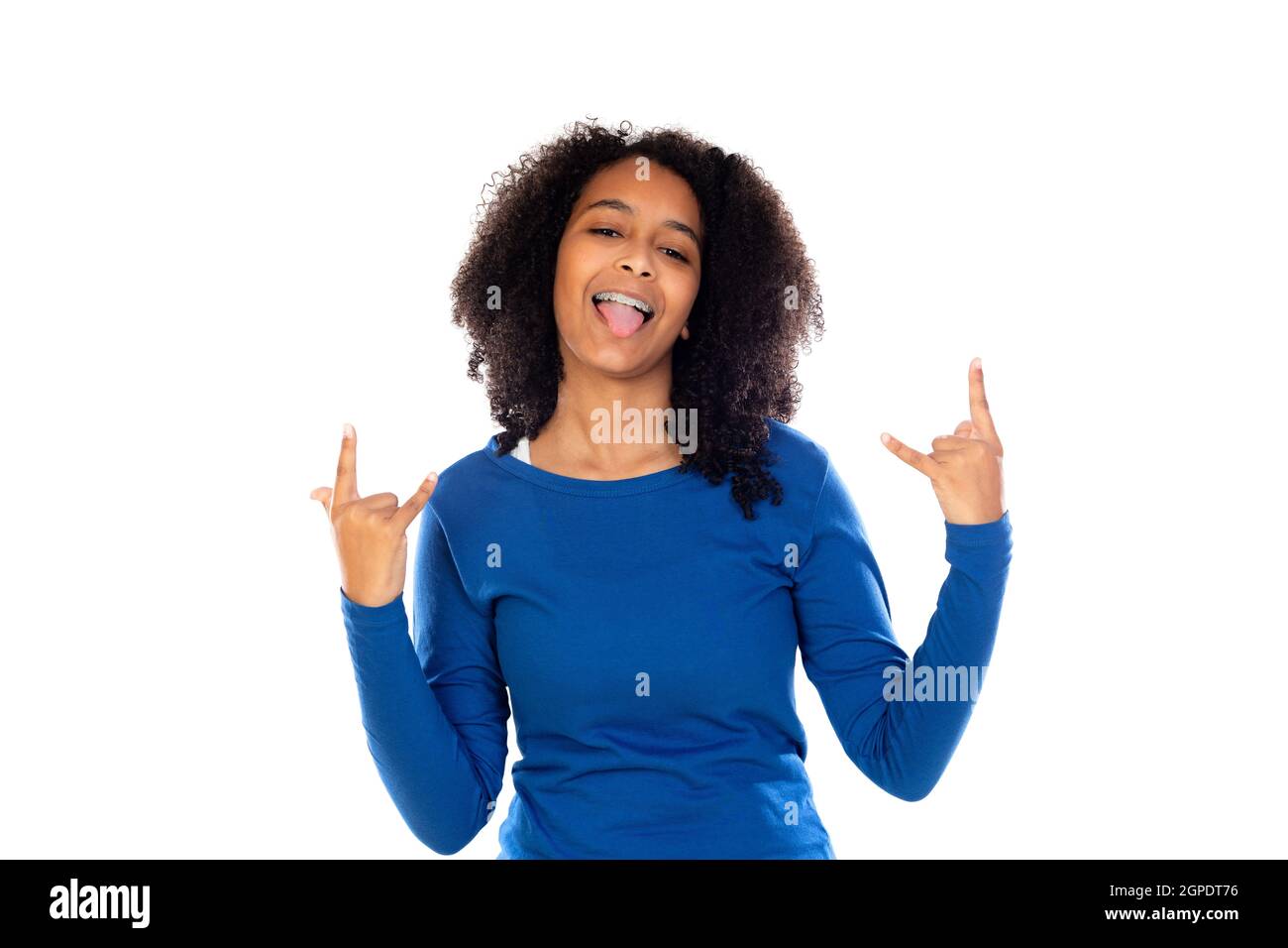 Teenager girl with afro hair wearing blue sweater isolated on a white ...