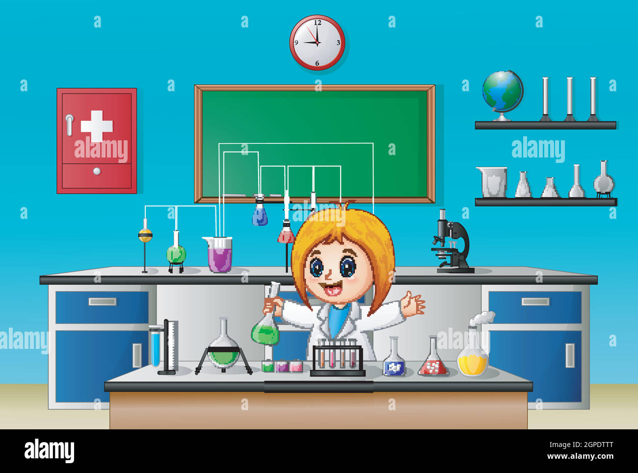 Scientist girl in laboratory research with chemical glassware Stock