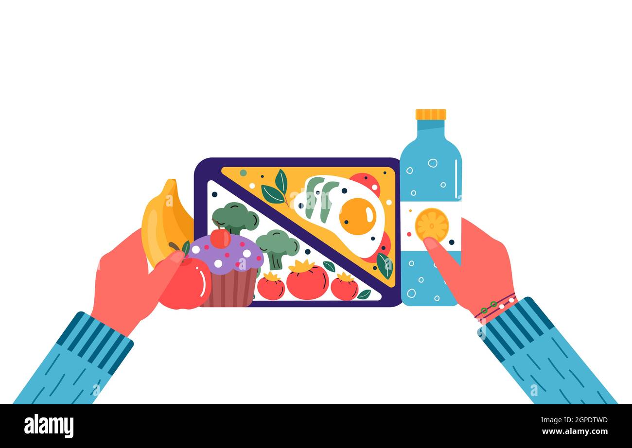 Hands holding breakfast or lunch meals. Food, drinks for Children