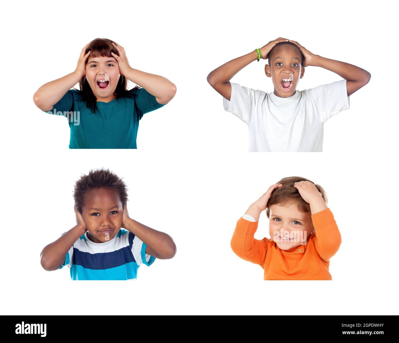 Children covering the ears and shocked by a loud sound isolated on a