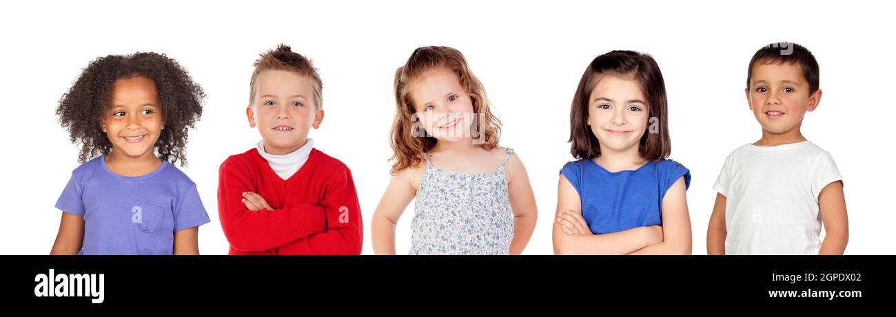 Five different children isolated on a white background Stock Photo