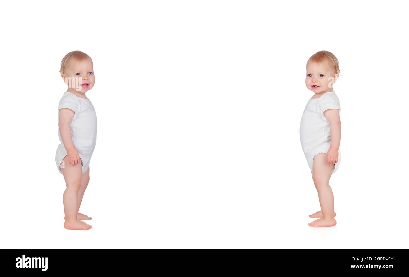Twins standing in underwear isolated on white background Stock Photo