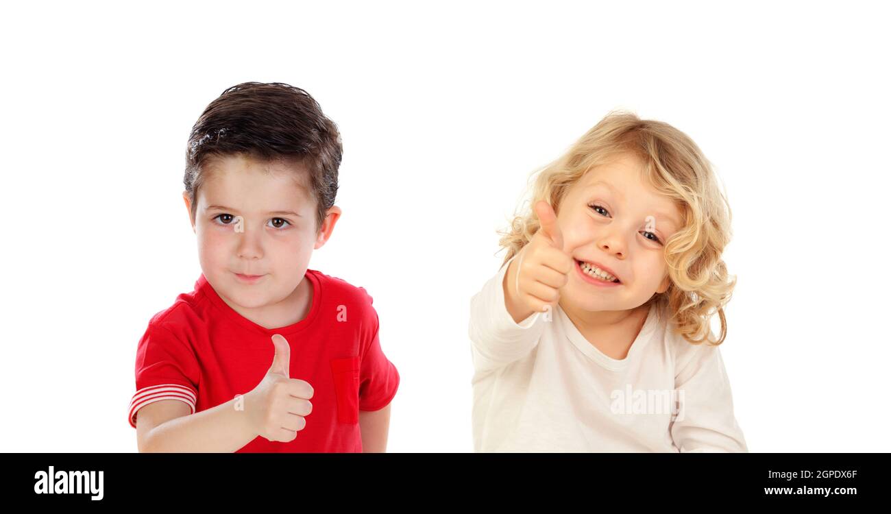 Two funny children saying Ok isolated on a white background Stock Photo