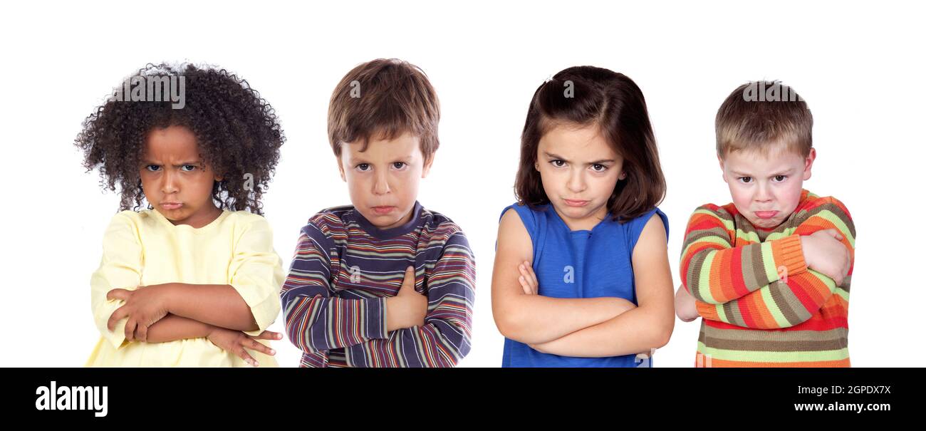 Many angry children isolated on a white background Stock Photo