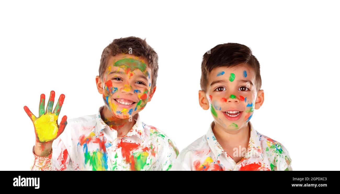 Happy children painting isolated on a white bacground Stock Photo