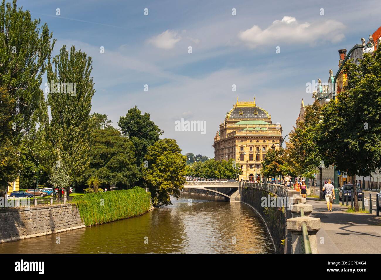 National Theatre building on the bank of the Vltava River, the Vltava embankments in Prague, Czech republic Stock Photo