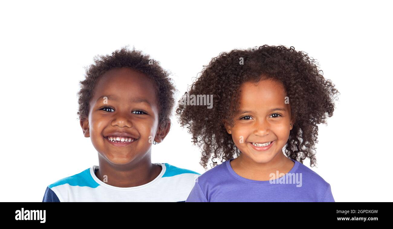 Two funny children laughing isolated on a white backround Stock Photo