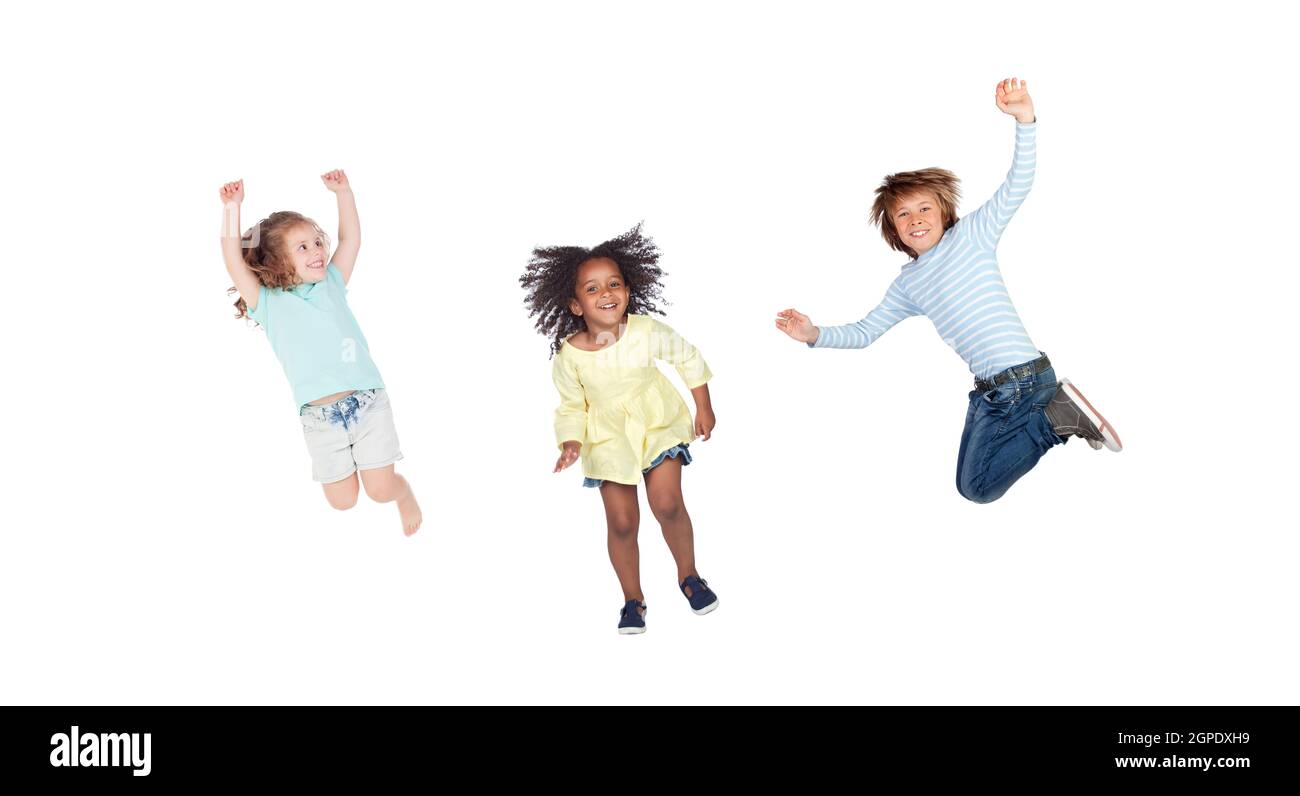 Childrens jumping toguether isolated on a white background Stock Photo