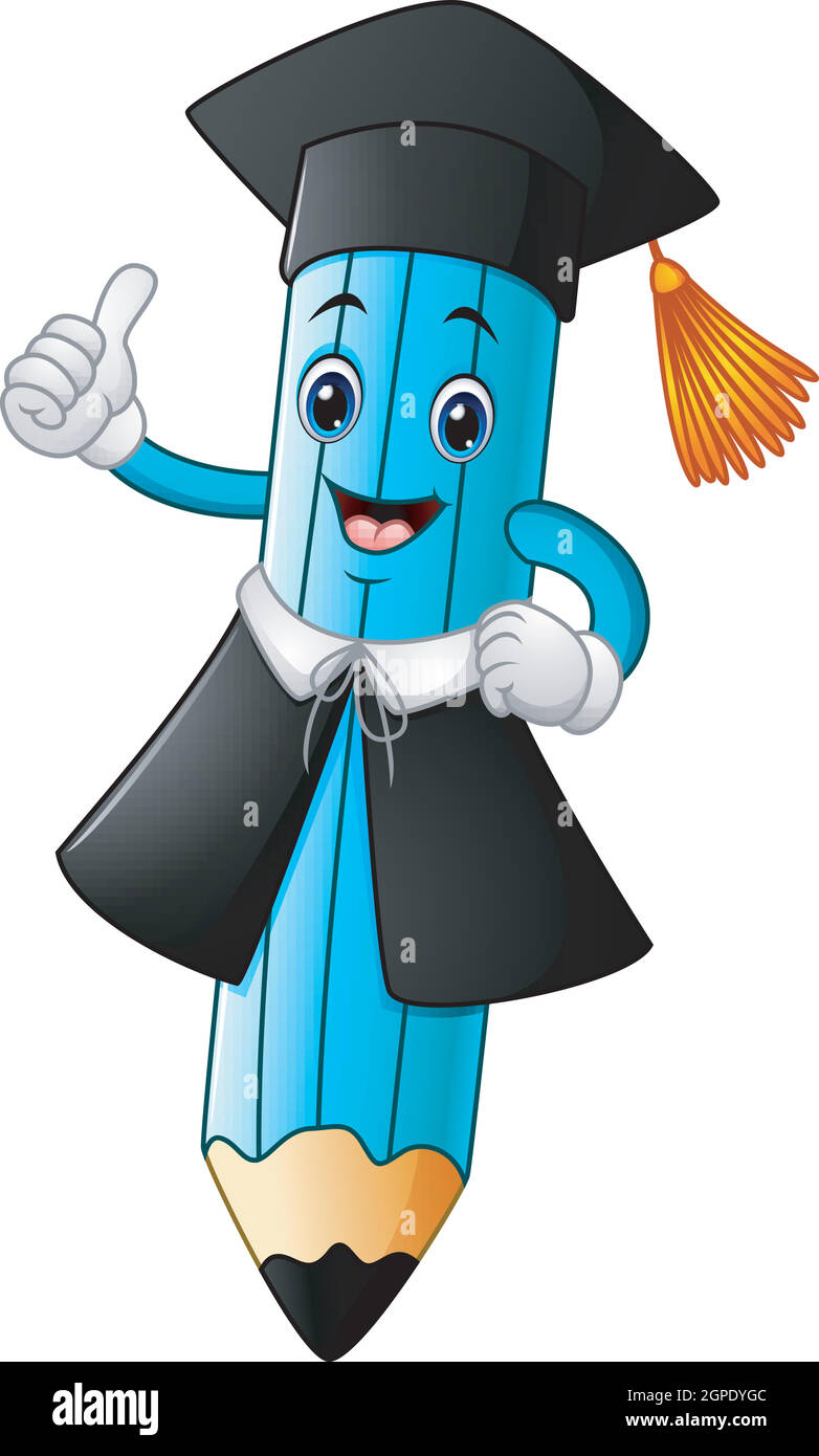 A pencil cartoon wearing a graduation cap with giving thumbs up Stock
