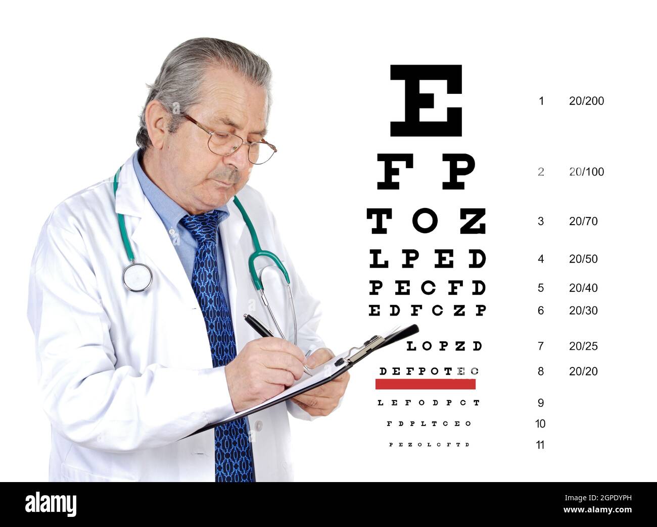 Senior oculist man with glasses reviewing the eye health of a patient Stock Photo