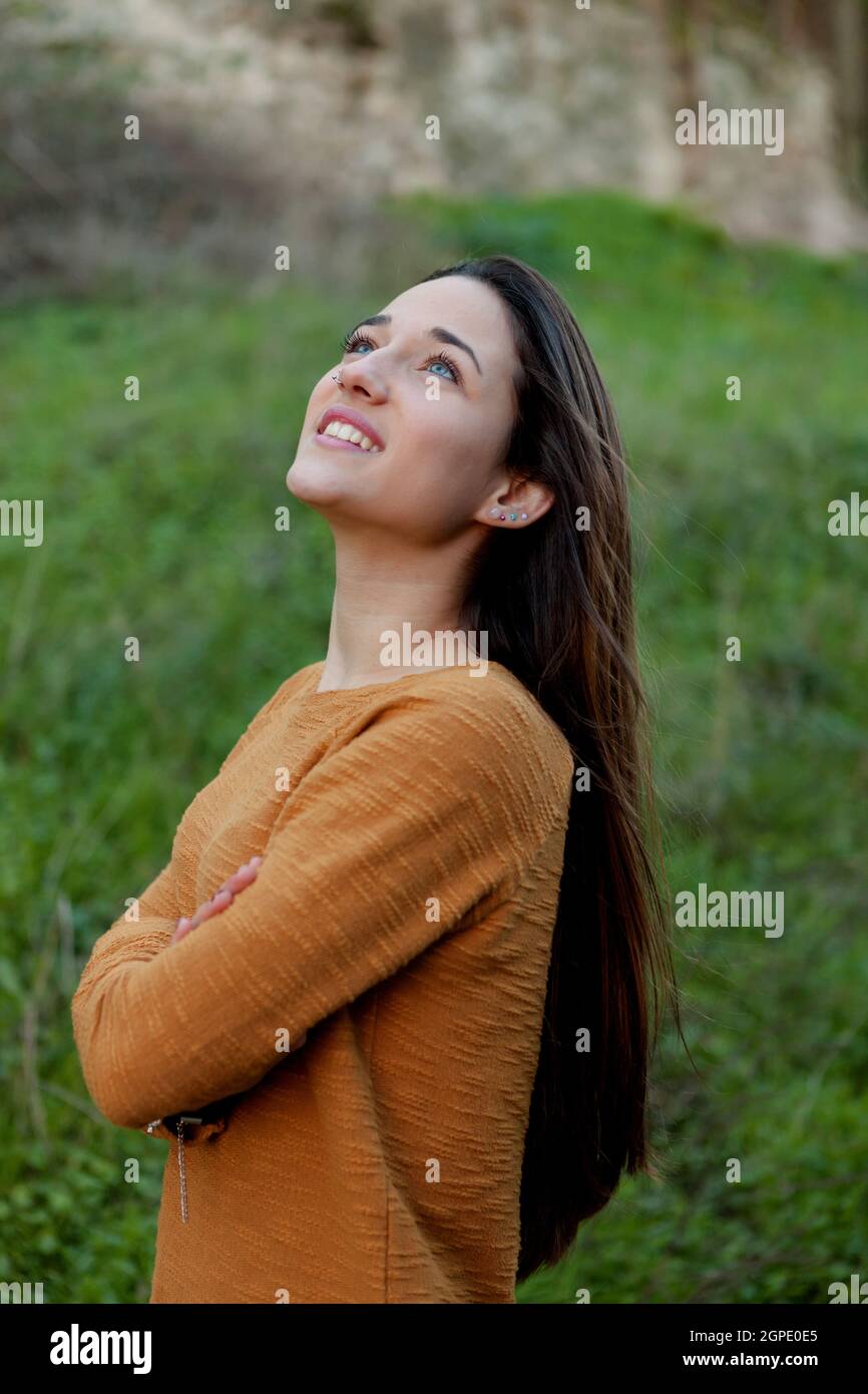 Outdoor portrait of beautiful happy teenager girl Stock Photo