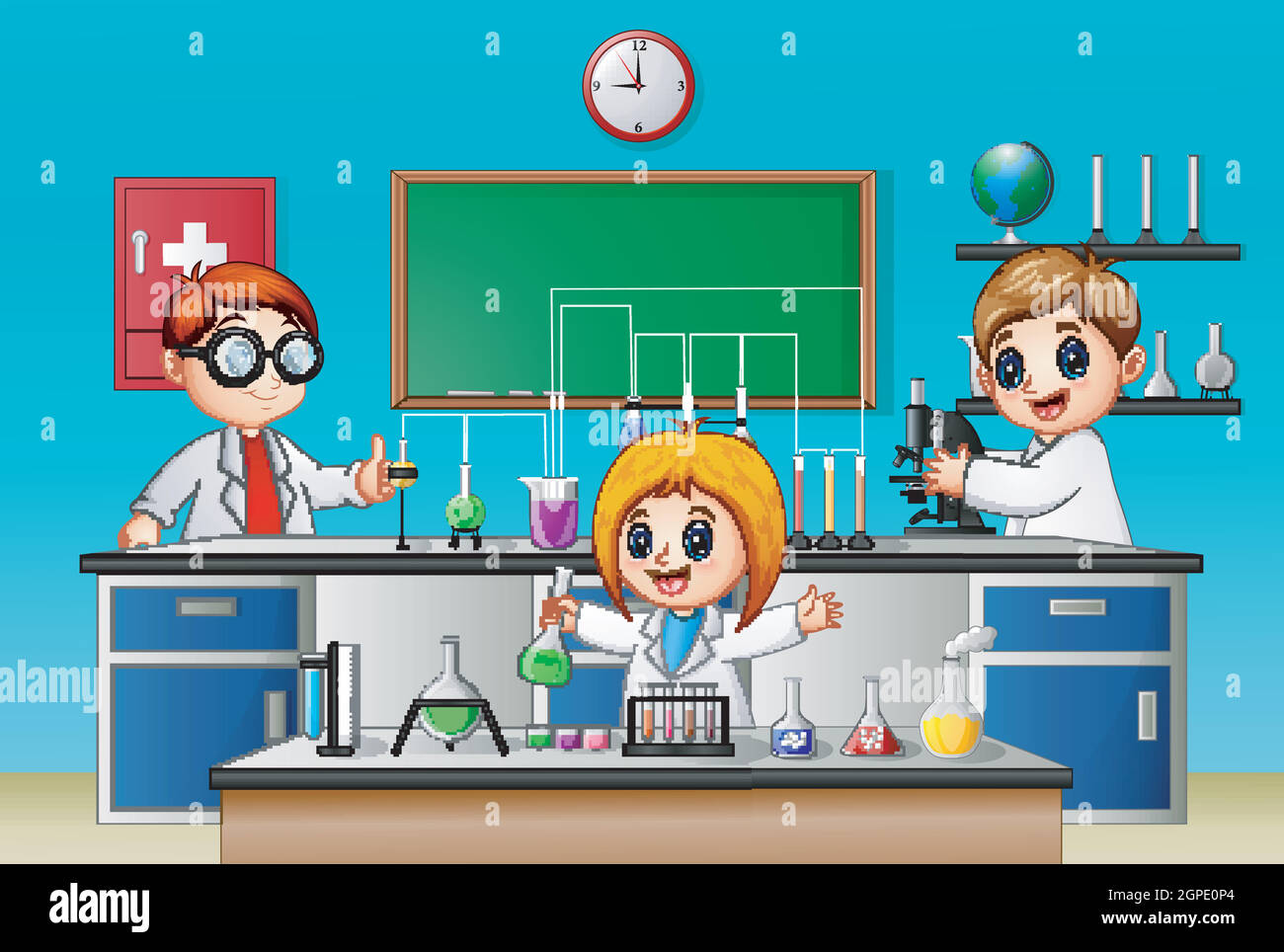 Kids doing chemical experiment in the lab Stock Vector