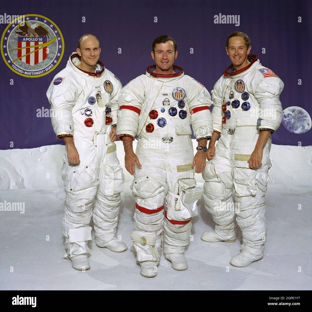 PORTRAIT: APOLLO 16 CREW 01-12-72, Pictured from left to right are: Thomas K. Mattingly II, Command Module pilot; John W. Young, Mission Commander; and Charles M. Duke Jr., Lunar Module pilot. Launched from the Kennedy Space Center on April 16, 1972, Apollo 16 spent three days on Earth's Moon. Stock Photo