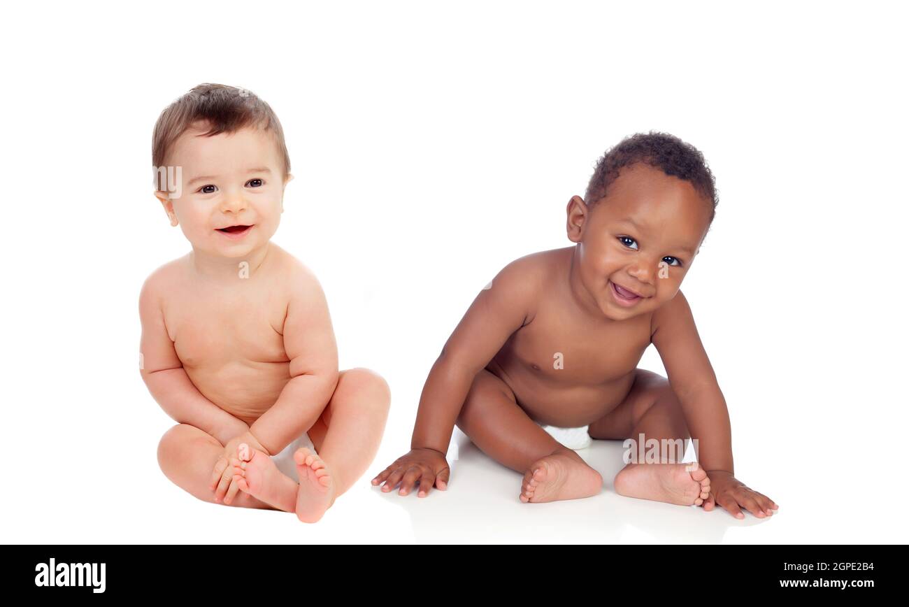 Two funny babies laughing isolated on a white background Stock Photo Alamy