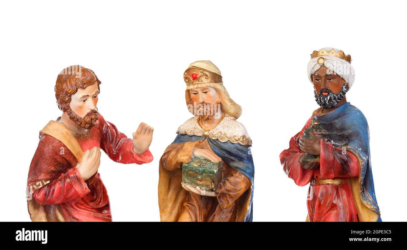 The three wise men. Ceramic figures isolated on white background Stock