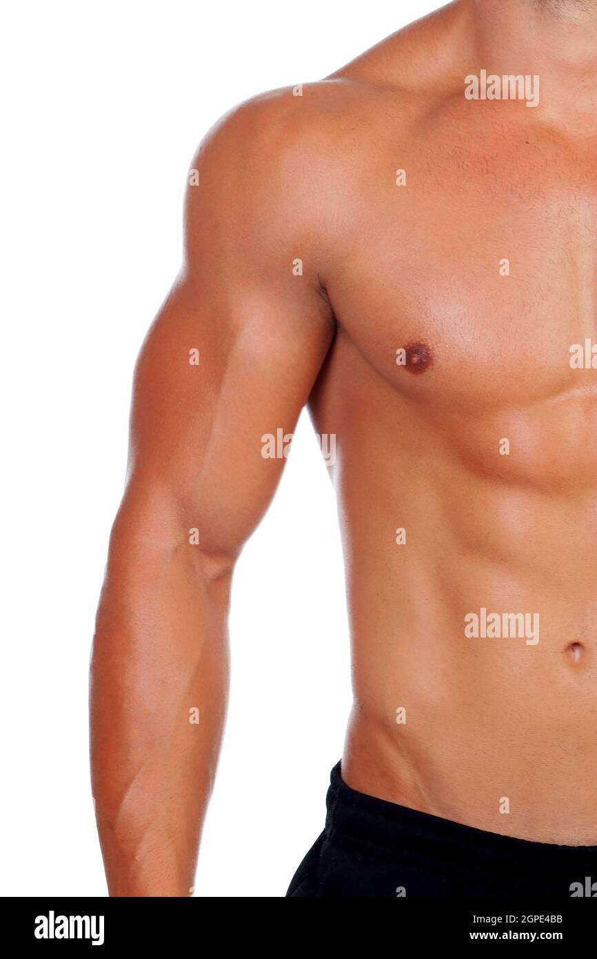 Attractive male body showing his muscles isolated on a white background Stock Photo