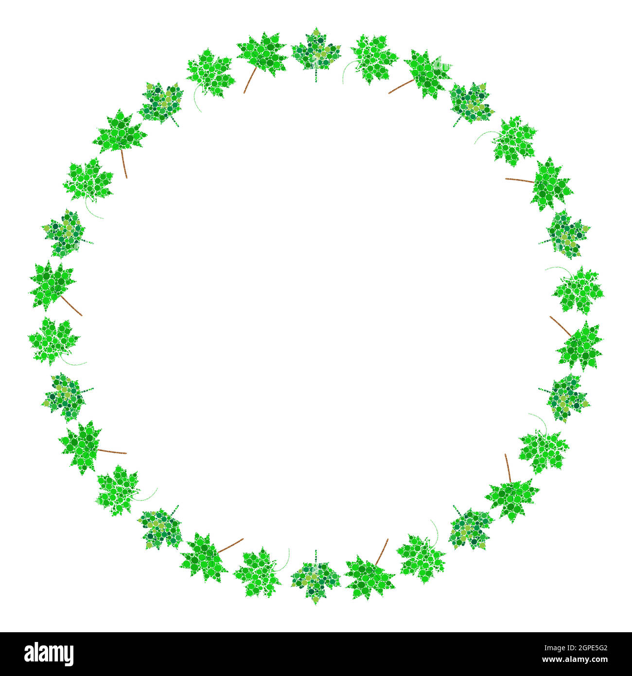 Maple leaf circle frame. Green abstract round border. Spring leaves made by circles. Vector design for springtime banner or background. Stock Vector