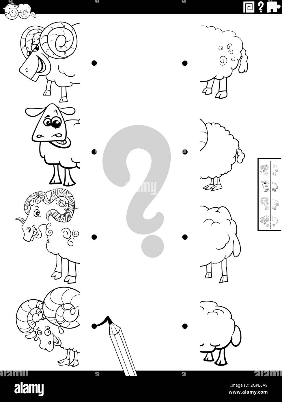 match halves of cartoon sheep pictures coloring book page Stock Vector