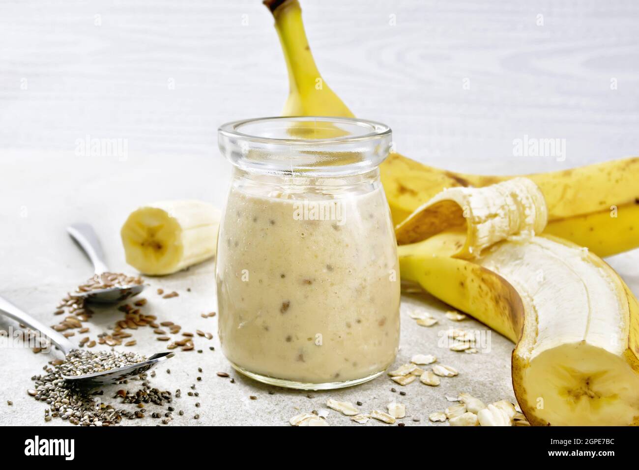 Milkshake with chia seeds, flax seeds, oatmeal, puffed rice and banana