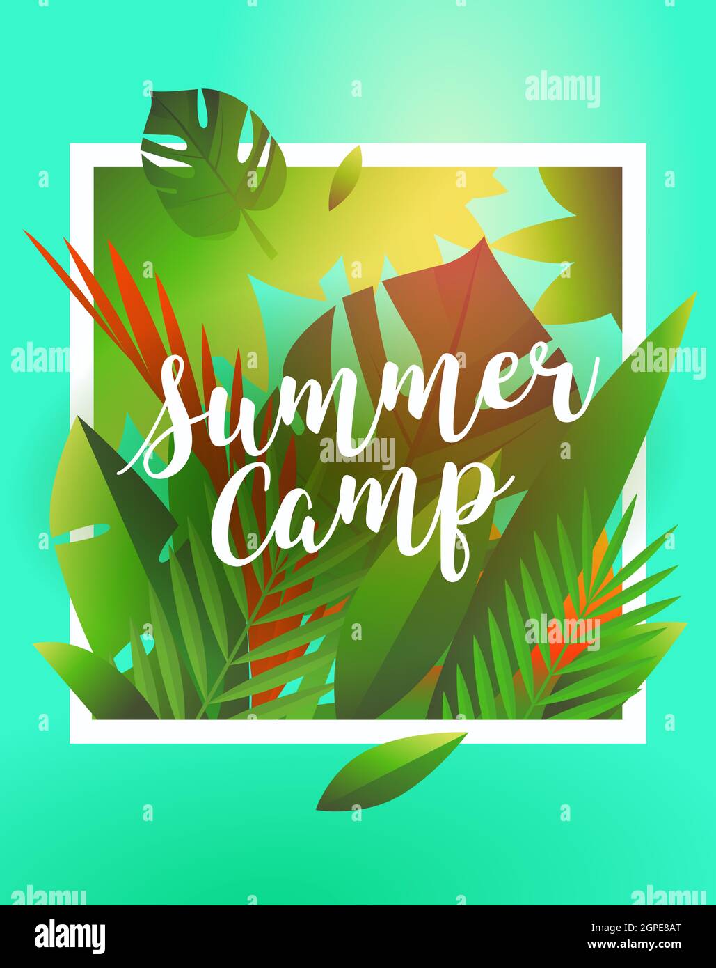 Hello Summer Holiday and Summer Camp poster. Holiday party poster with palm  leaf and lettering- summer camp Stock Photo - Alamy