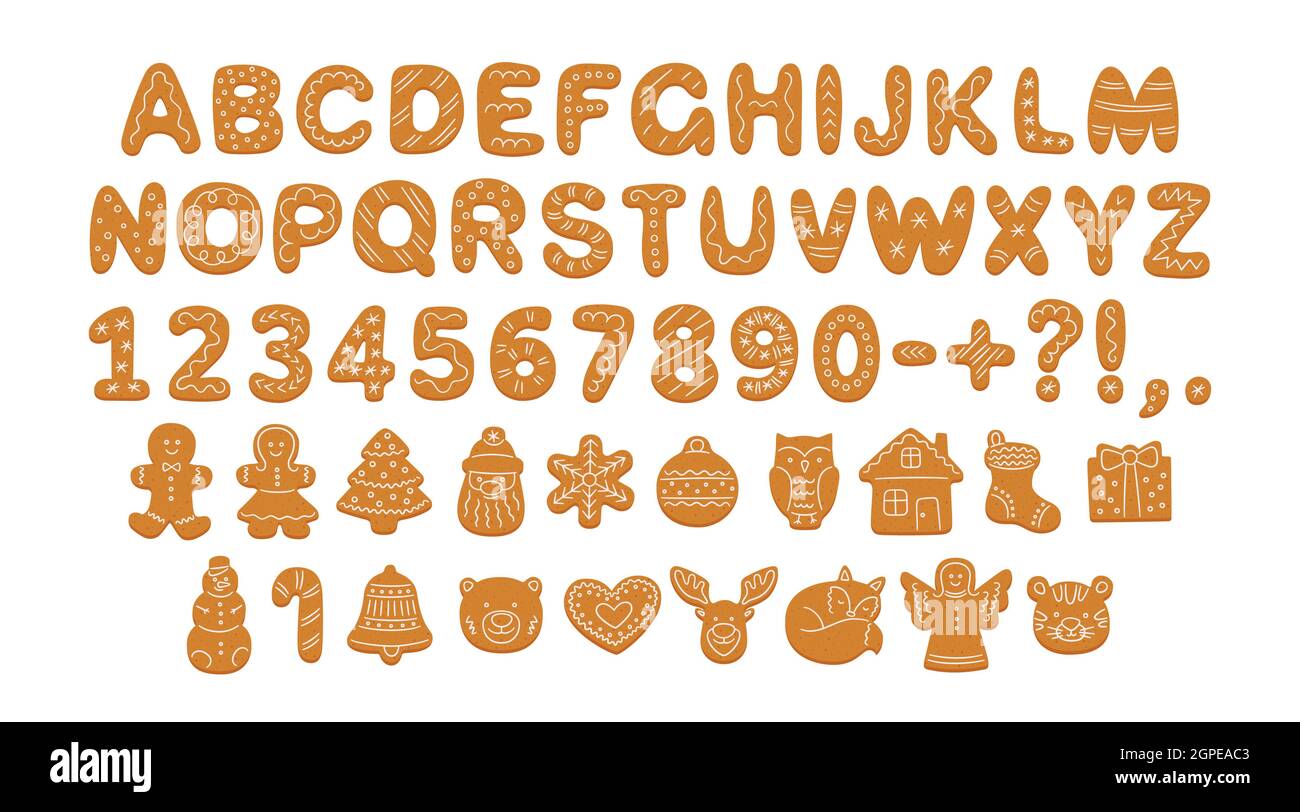 Alphabet of gingerbread cookies with glaze. Cartoon letters, numbers and marks for Christmas or New Year. Gingerbread holidays cookies font Hand drawn Stock Vector