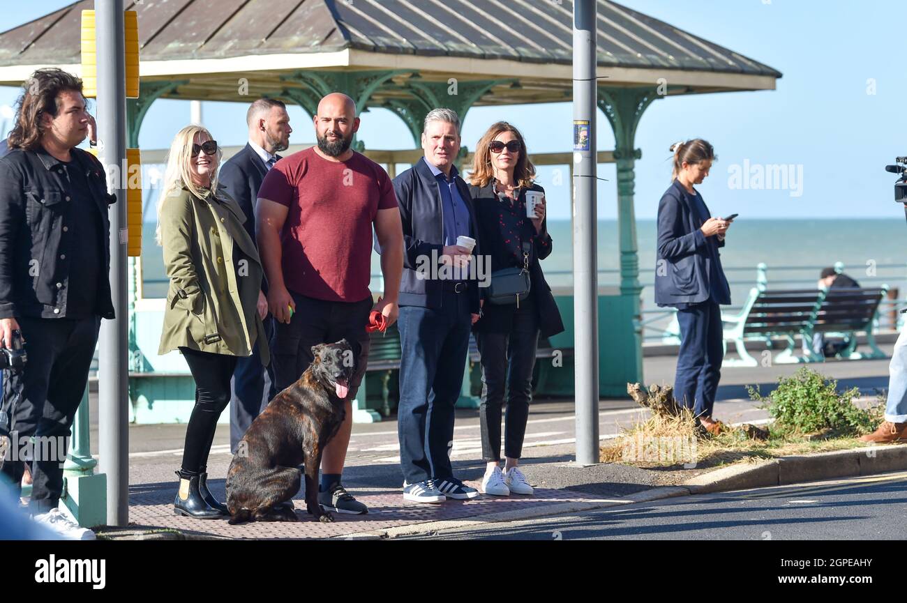 Brighton, UK. 29th Sep, 2021. Sir Keir Starmer the leader of the Labour Party waits to cross the road with his wife Victoria before giving his speech at the Labour Party Conference being held in the Brighton Centre : Credit Simon Dack/Alamy Live News Stock Photo