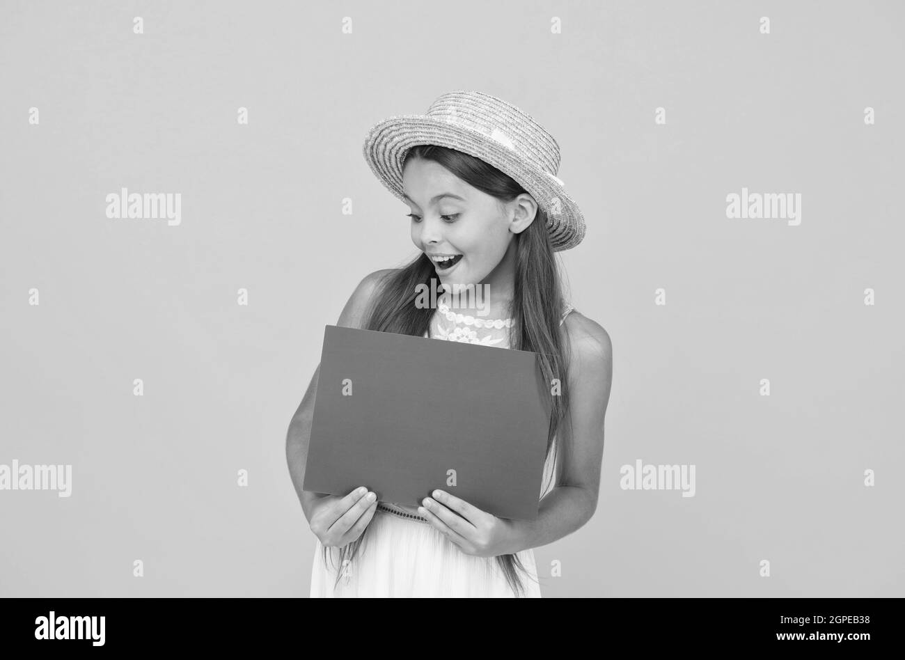 Promoting tourism. Summer sales. Girl hold poster copy space. Vacation