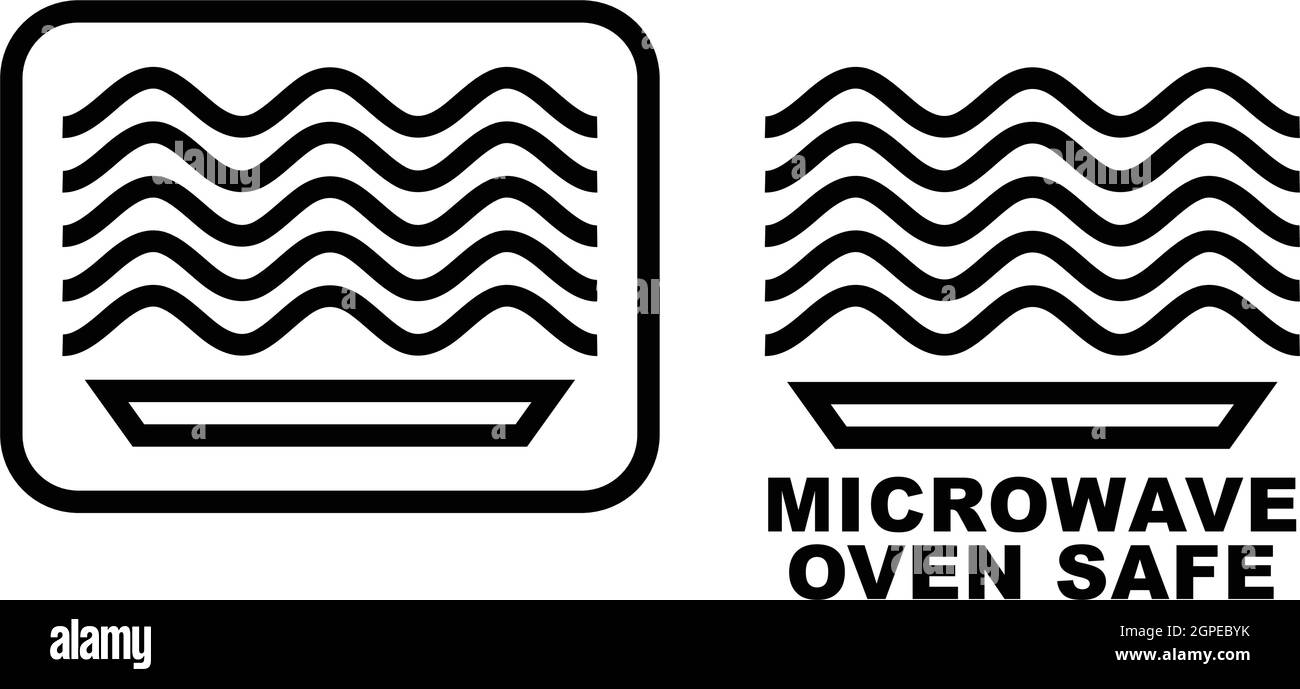 Microwave oven safe item symbol. Simple black lines plate drawing with waves above. Graphic symbol only and also version with text. Stock Vector
