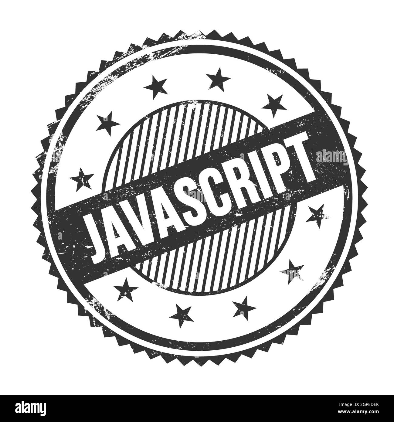 JAVASCRIPT text written on black grungy zig zag borders round stamp ...