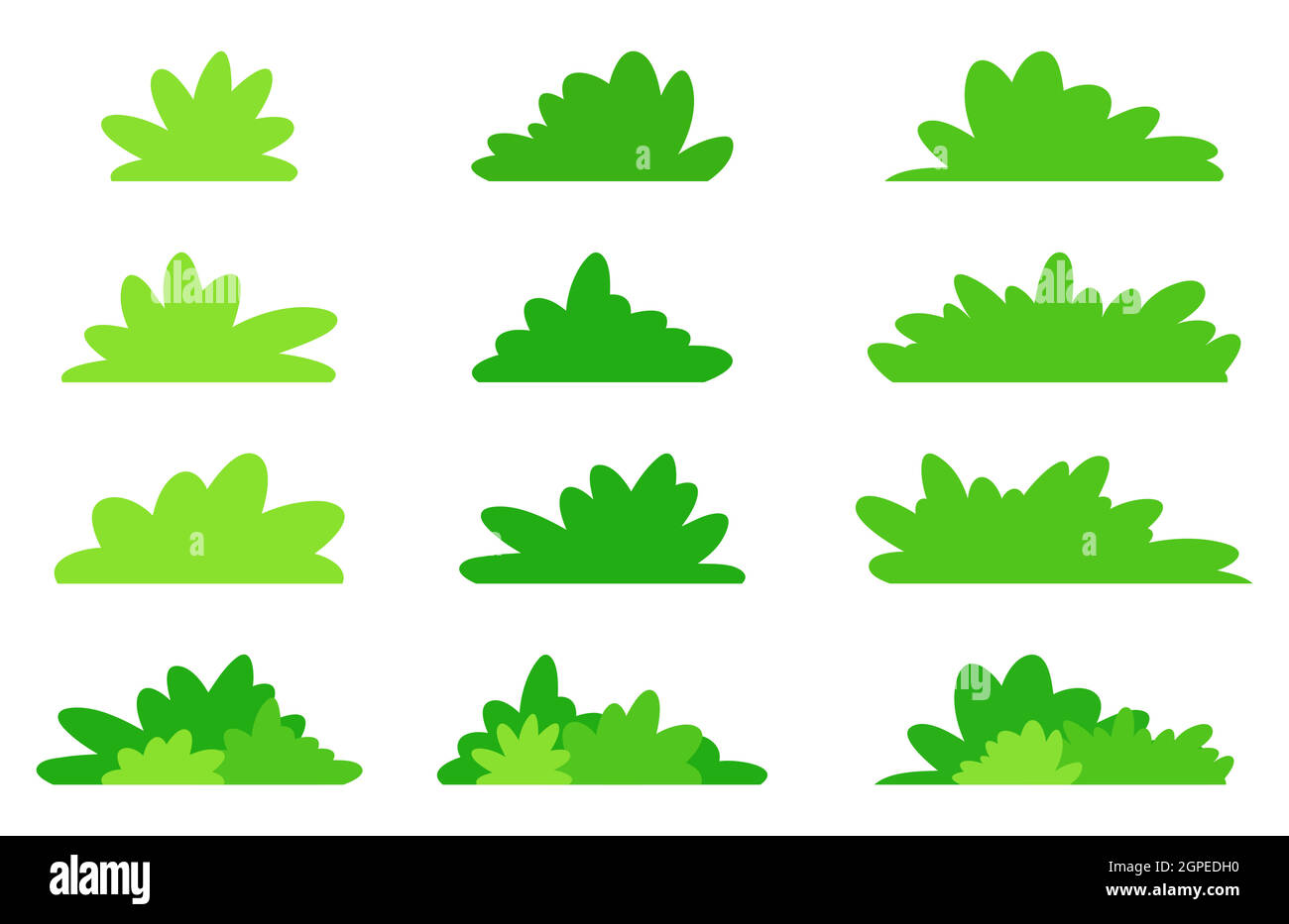Simple bush set in green color. Flat vector design in minimalistic cartoon style. Garden bushes collection isolated on white background. Stock Vector