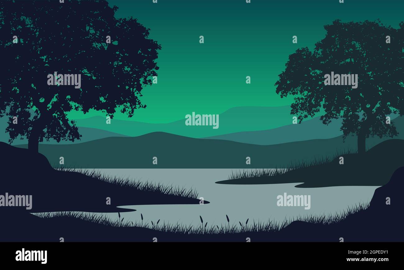 Pdusk Vector Fantastic mountain view with the silhouette of pine trees from the edge ...
