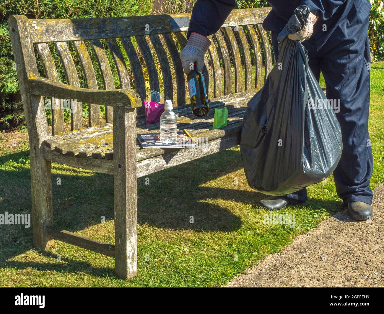 Person wearing overalls and gloves, putting trash / litter on a park bench on grass next to a public path, into a plastic sack, on a sunny day. Stock Photo