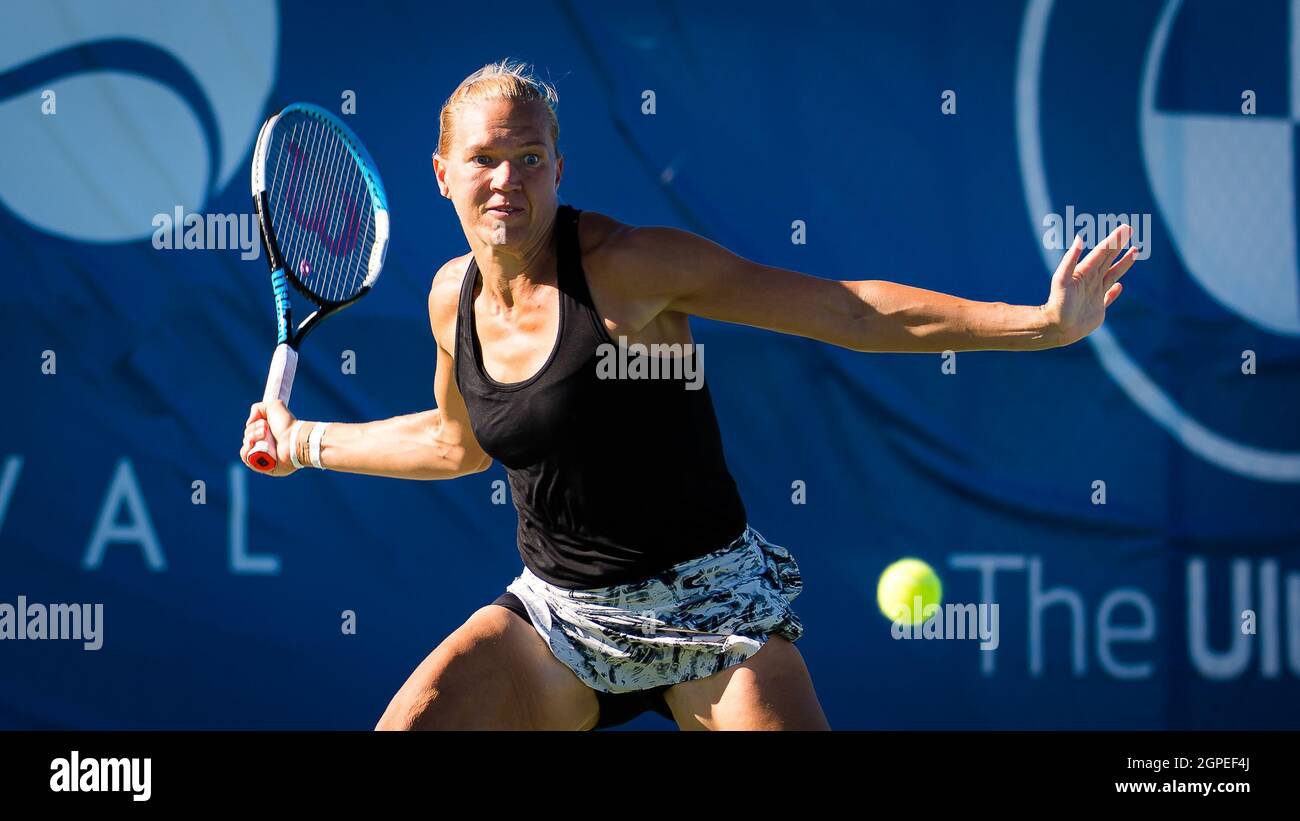 Kaia Kanepi of Estonia in action during the first round of the 2021 Chicago  Fall Tennis Classic WTA 500 tennis tournament against Jil Teichmann of  Switzerland on September 28, 2021 in Chicago,