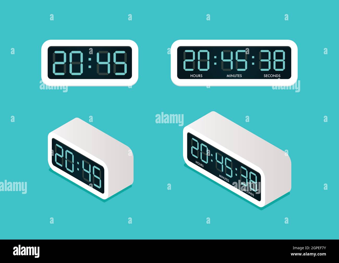 Digital alarm clock Front and Isometric view. Vector illustration Stock Vector