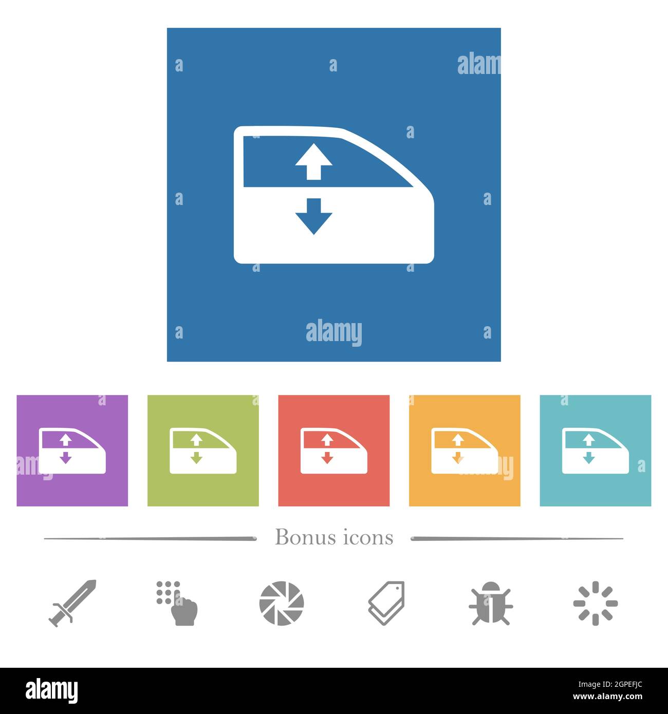 Car electric window winder flat white icons in square backgrounds. 6 ...
