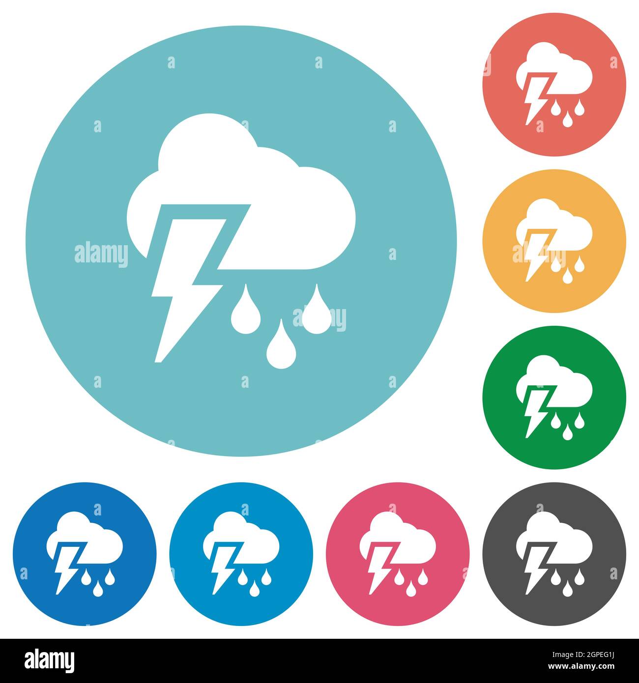 Stormy weather flat white icons on round color backgrounds Stock Vector