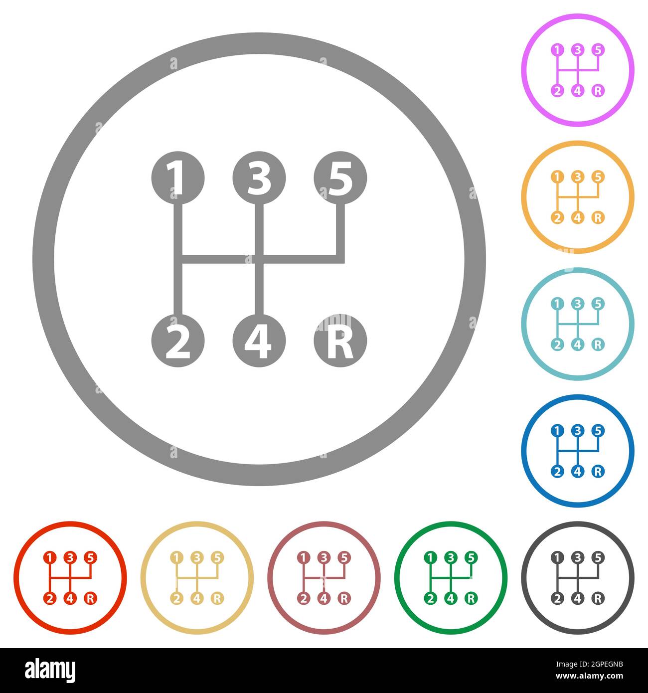 five speed manual gear shift flat color icons in round outlines on