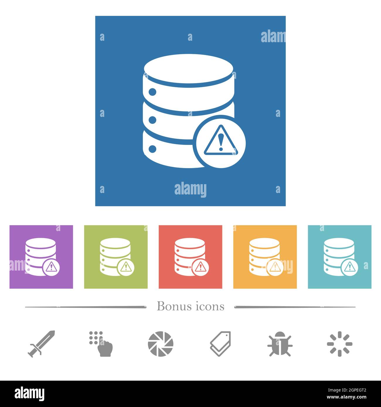 Database error flat white icons in square backgrounds. 6 bonus icons ...