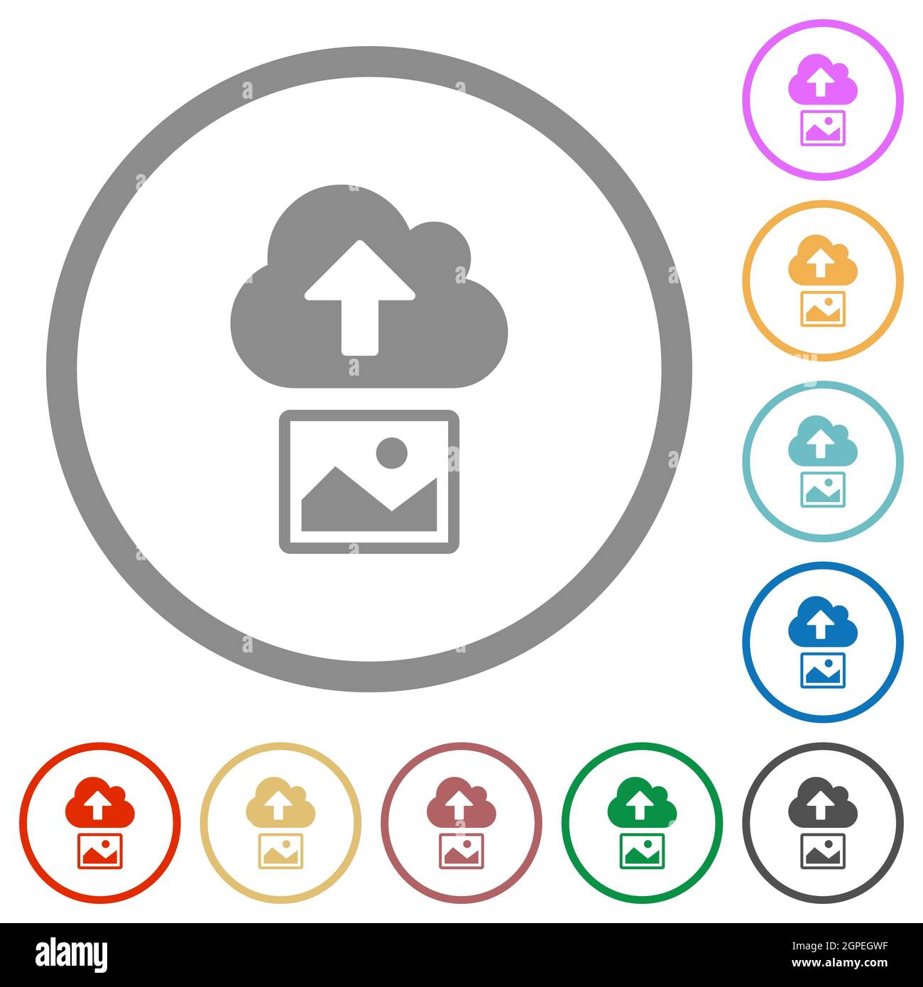 Upload image to cloud solid flat color icons in round outlines on white ...