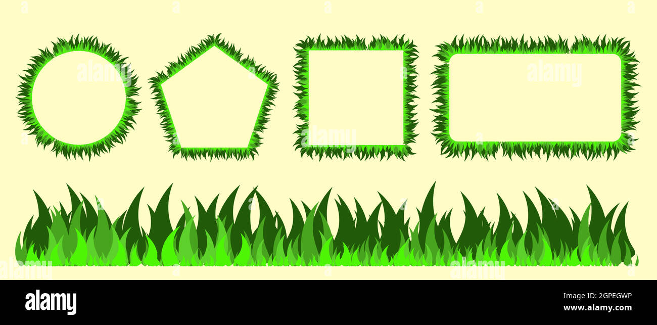 Grass frame set. Lawn border collection in different shapes. Green foliage blades design in line, square, rectangle and circle backgrounds. Vector illustration with copy space. Stock Vector