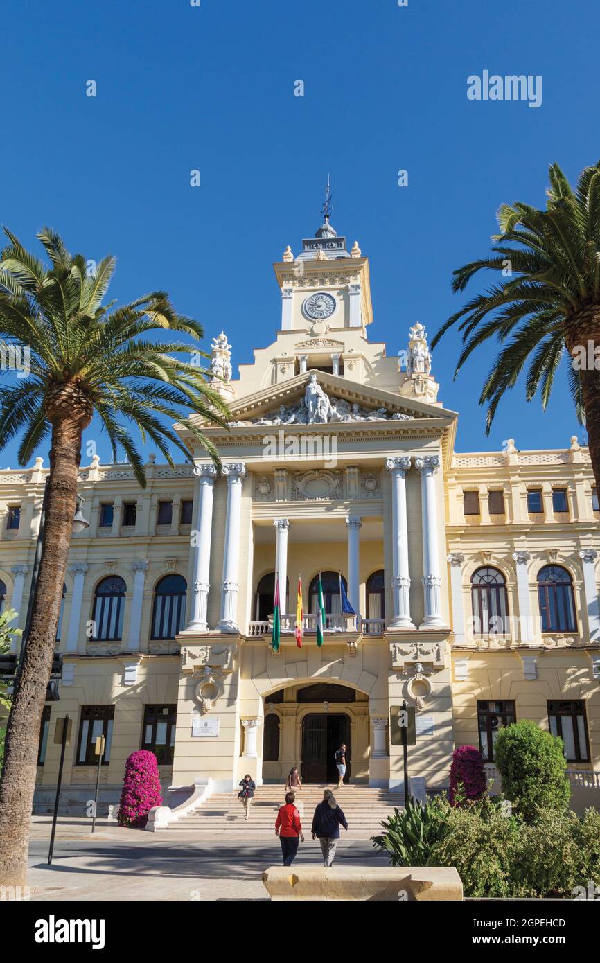 19th century baroque style Town Hall building.  Malaga, Costa del Sol, Malaga Province, Andalusia, southern Spain. Stock Photo