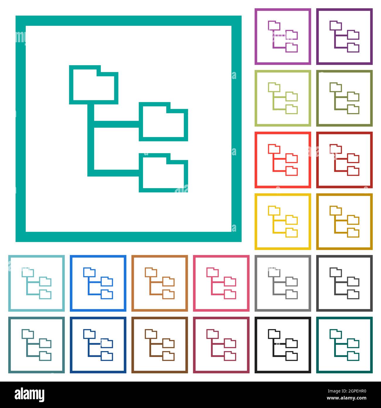 Folder structure outline flat color icons with quadrant frames on white background Stock Vector