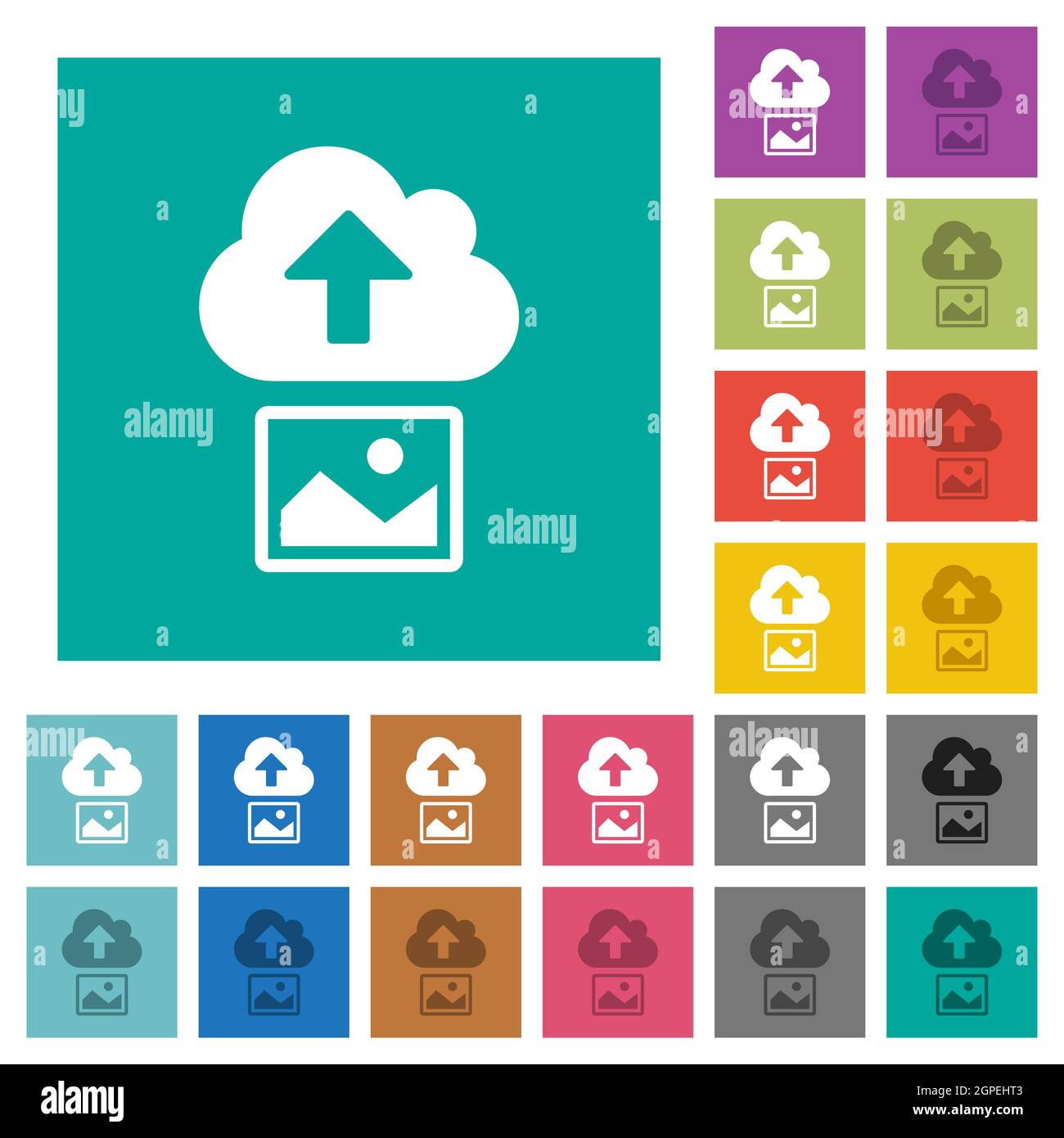 Upload image to cloud solid multi colored flat icons on plain square backgrounds. Included white and darker icon variations for hover or active effect Stock Vector