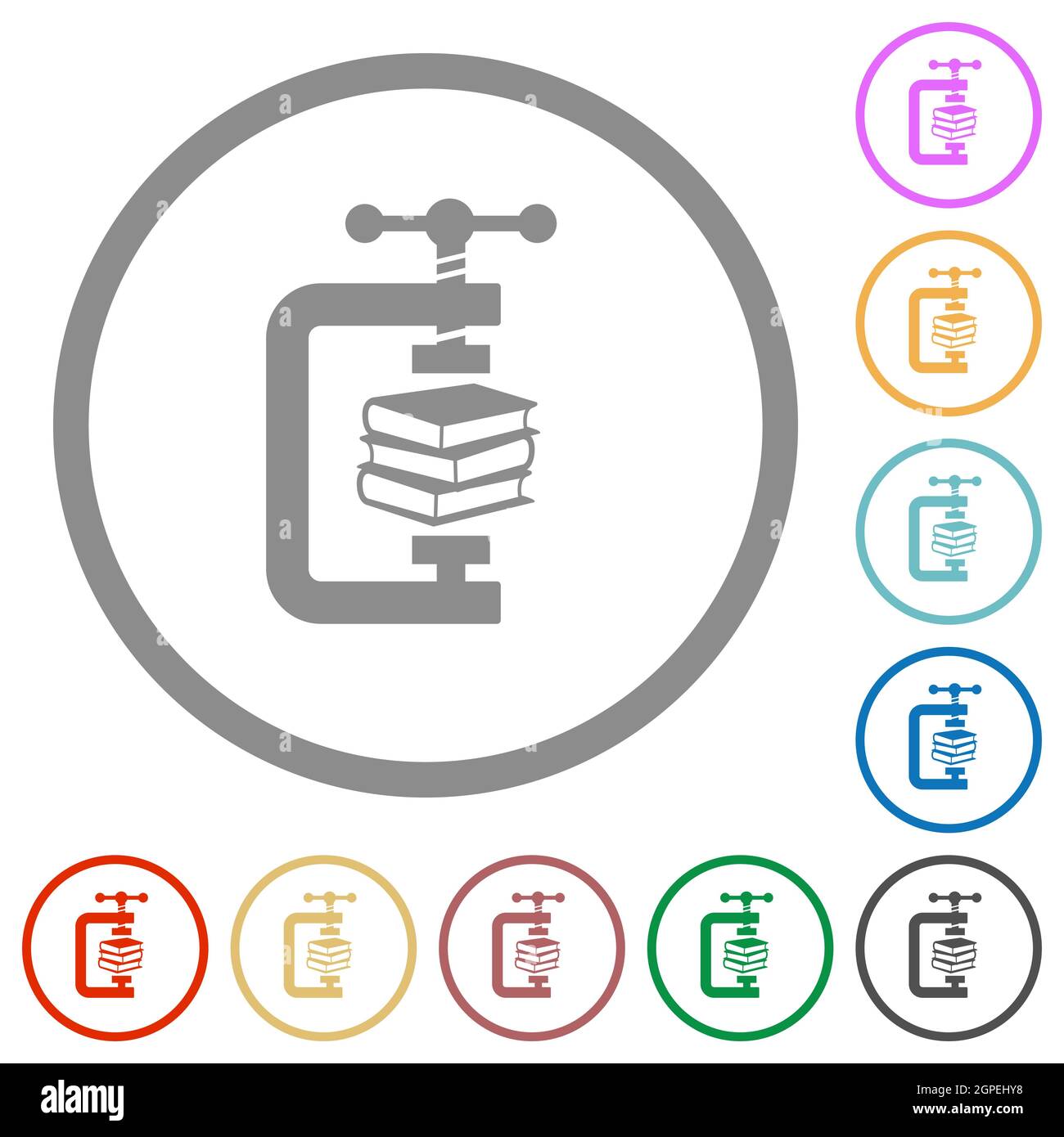 compressing books with vise clamp flat color icons in round outlines on ...