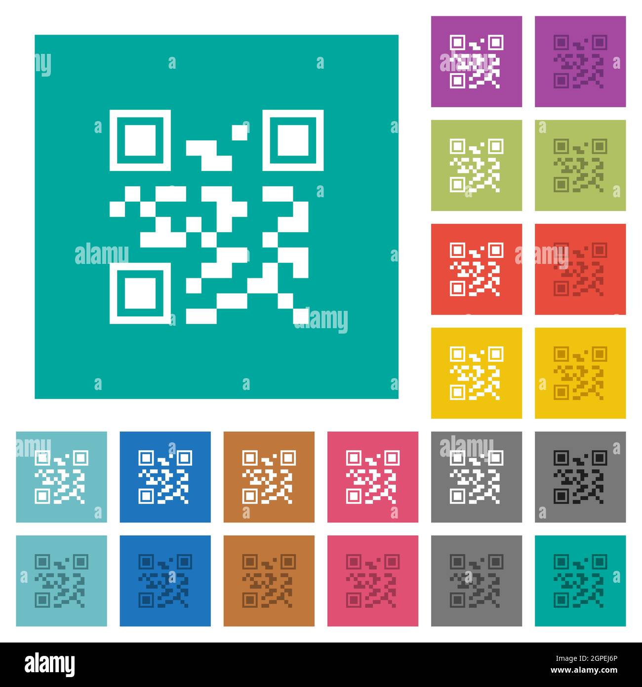 QR code multi colored flat icons on plain square backgrounds. Included white and darker icon variations for hover or active effects. Stock Vector