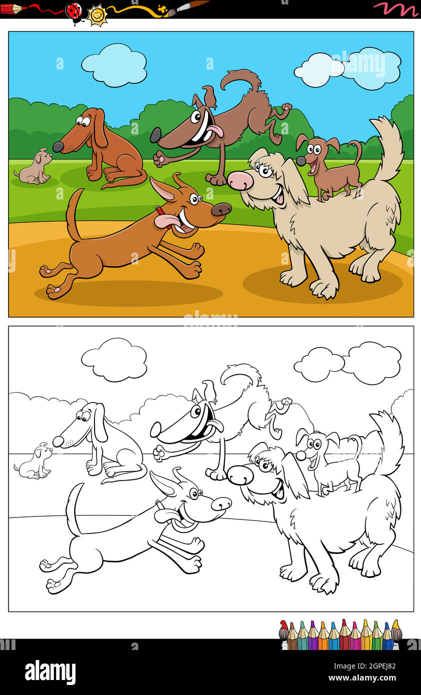 cartoon funny dogs and puppies group coloring book page Stock Vector